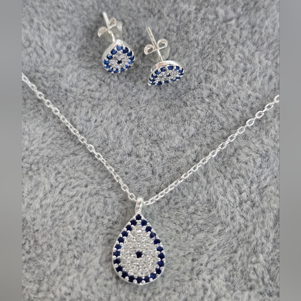 Evil Eye Necklace and Stud Earrings Set Blue & White CZ 925 Sterling Silver